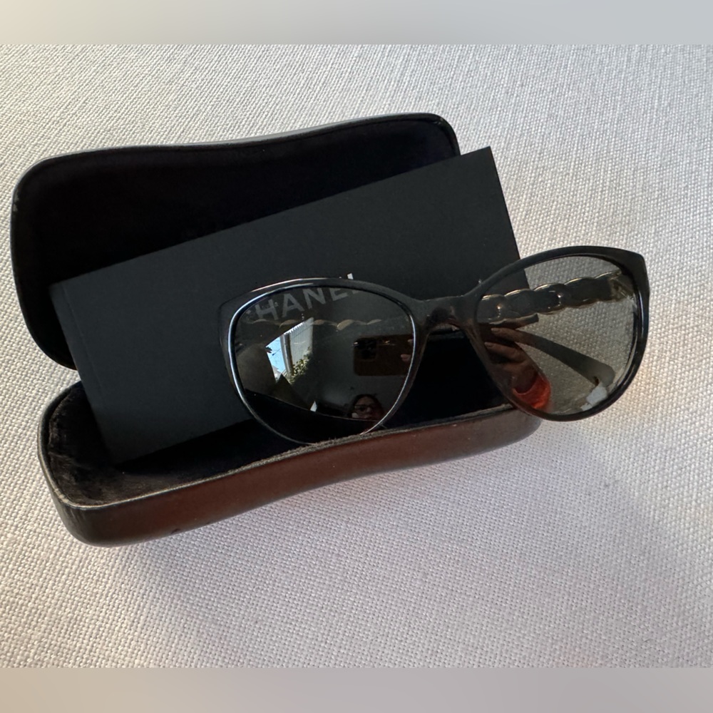 Chanel Black, Gold Chain and Leather Sunglasses.